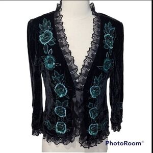 Nanette Lepore Gypsy Rose Black Velvet Tie Lace Ruffle Aplique Beads Jacket Sz 6